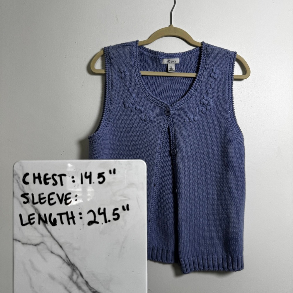The Tog Shop Sweater Vest M Periwinkle Blue Floral‎ Embroidered Button Front - Picture 8 of 8
